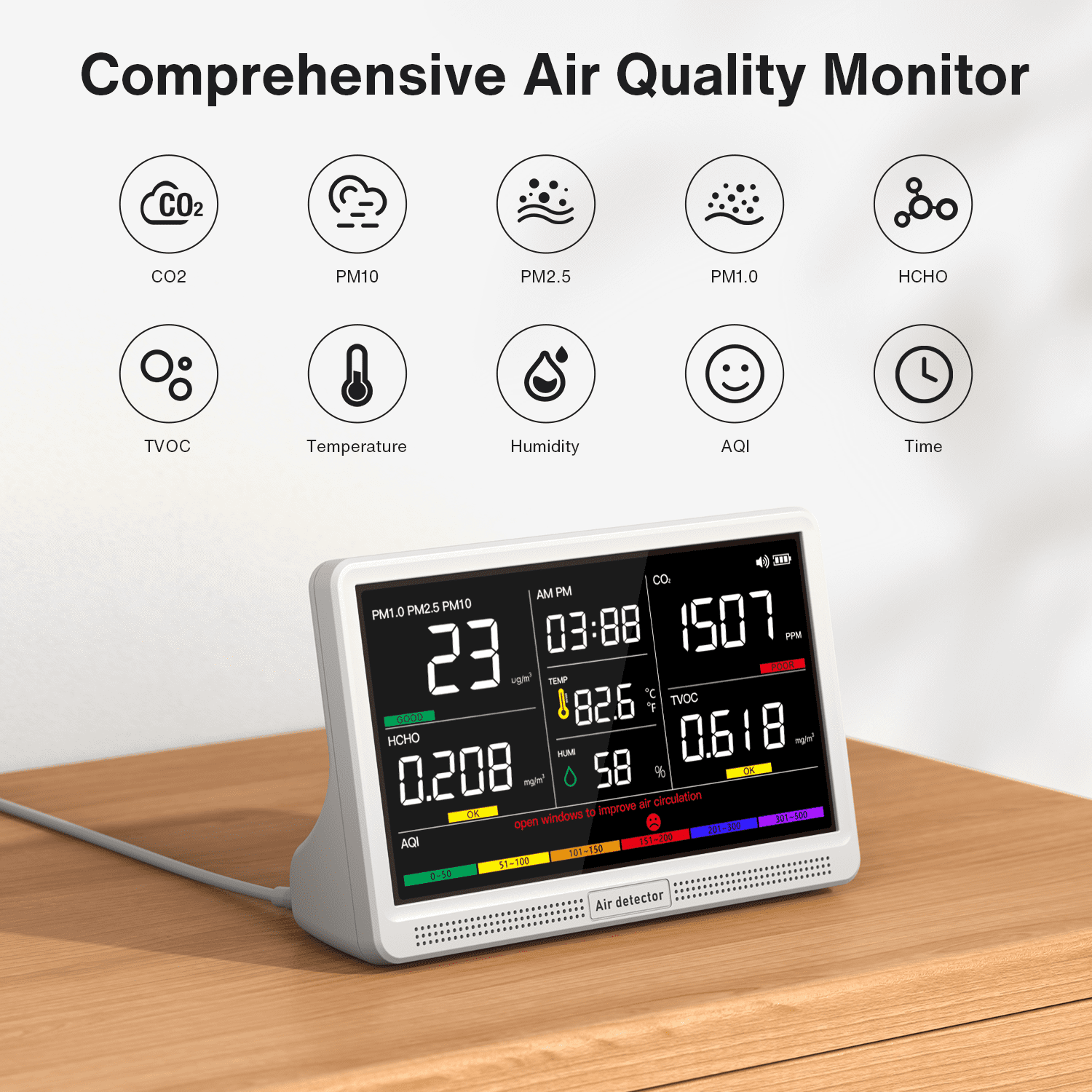 16 in 1 Air Quality Monitor Indoor 7" Display 9 AQI+7 AQI Alerts Air Quality Meter