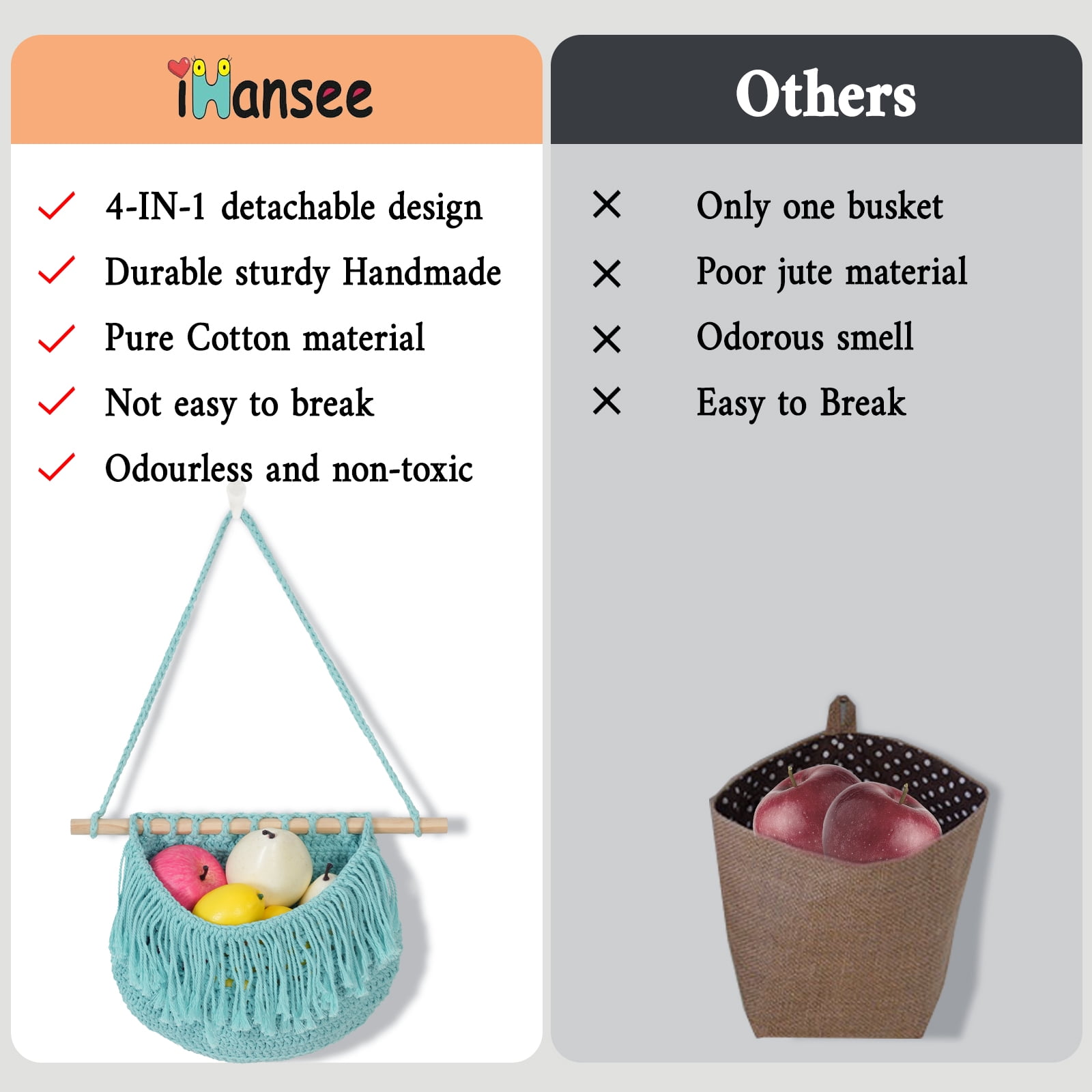 4 Tier Hanging Fruit Basket, Aqua Boho Handwoven Cotton Rope Macrame Fruit Storage for Kitchen Bathroom Bedroom, Detachable Wall Hanging Basket Over Door Organizer for Fruit Veggie Plant Decor