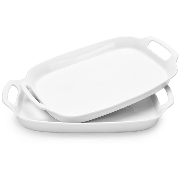 Serving Tray with Handles, 15.4" Large Platters for Wedding Decor, Porcelain Serving Dish for Entertaining, White Plates for Salad Meat Fruit Dessert, Set of 2