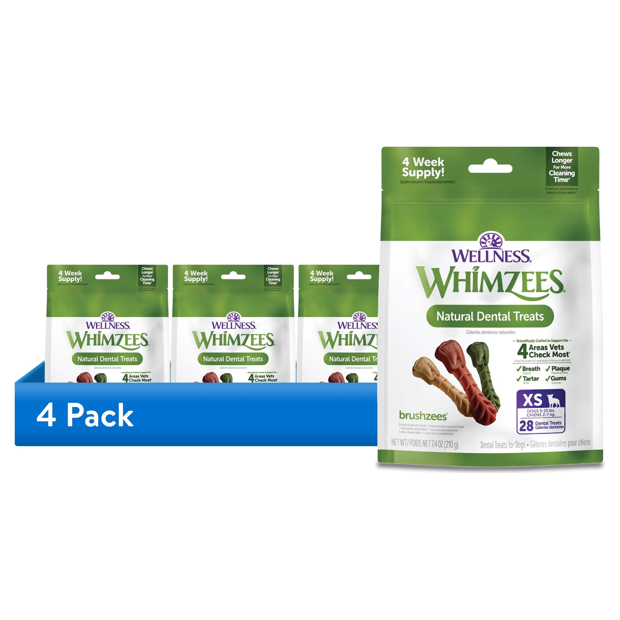 (4 pack) Wellness WHIMZEES Daily Brushzees Natural Dog Dental Treat, VOHC Accepted Chews, Freshens Breath, Extra-Small Size, 7.4 oz Bag, 28 Count