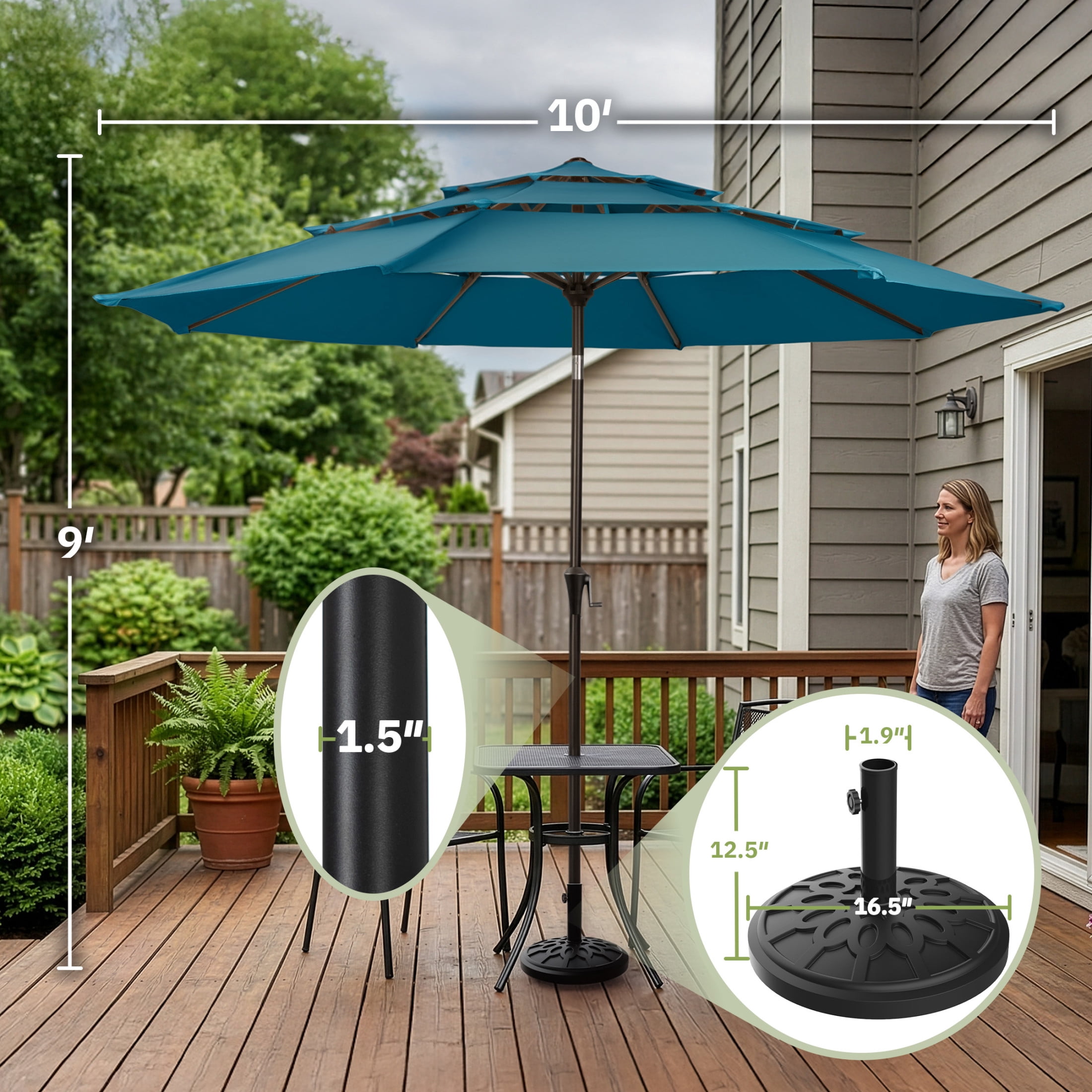 Pure Garden 10ft 3-Tier Umbrella for Patio Shade Canopy with 19lb Base, Turquoise Green