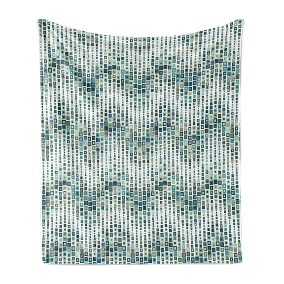 Geometric Soft Flannel Fleece Throw Blanket, Wave Shape Geometric Color Tile Mosaic Composition with Squares, Cozy Plush for Indoor and Outdoor Use, 70" x 90", White Blue, by Ambesonne