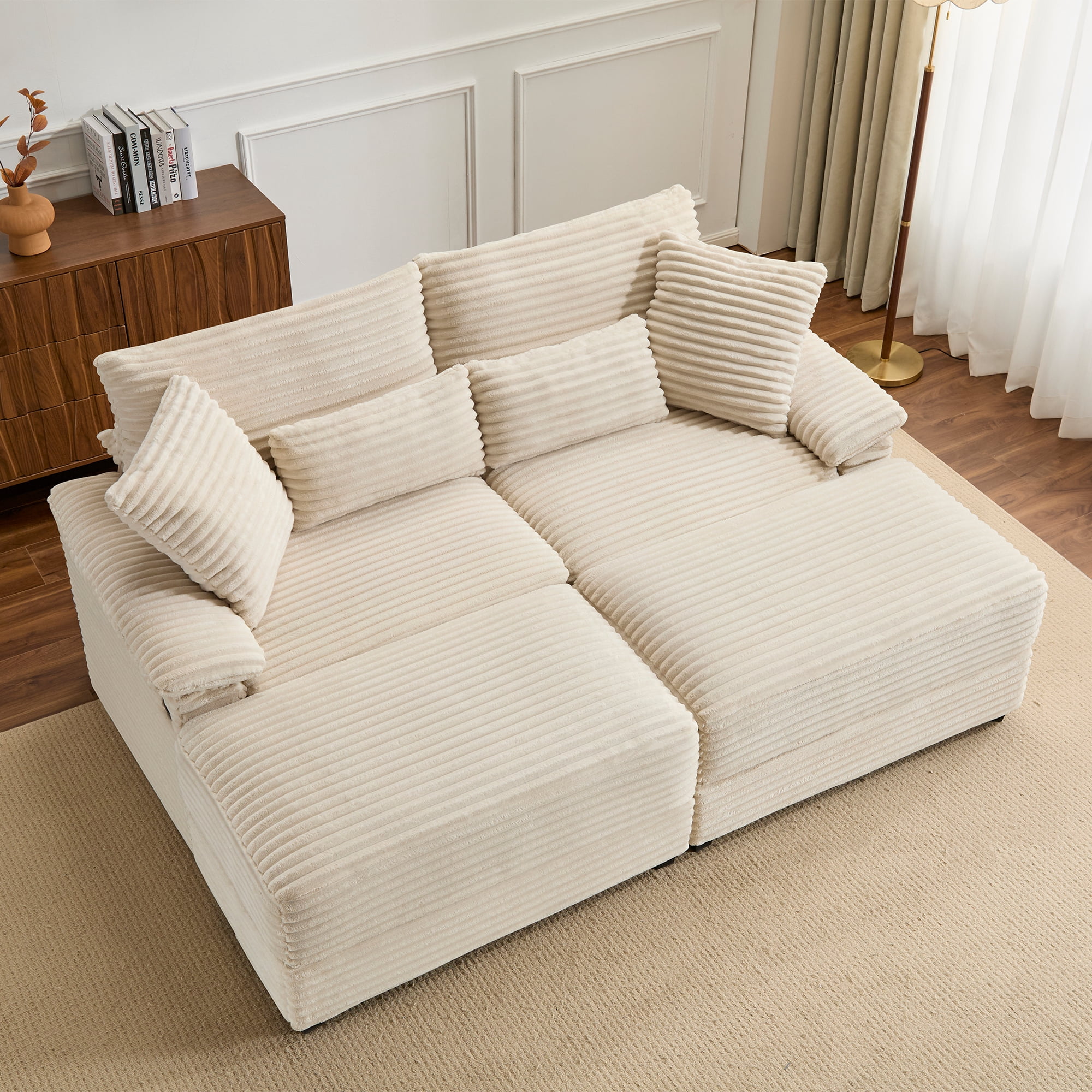 Alvantor 74" Sofa Loveseat with Reversible Ottoman & USB Port Corduroy Chaise Couch for Living Room Beige