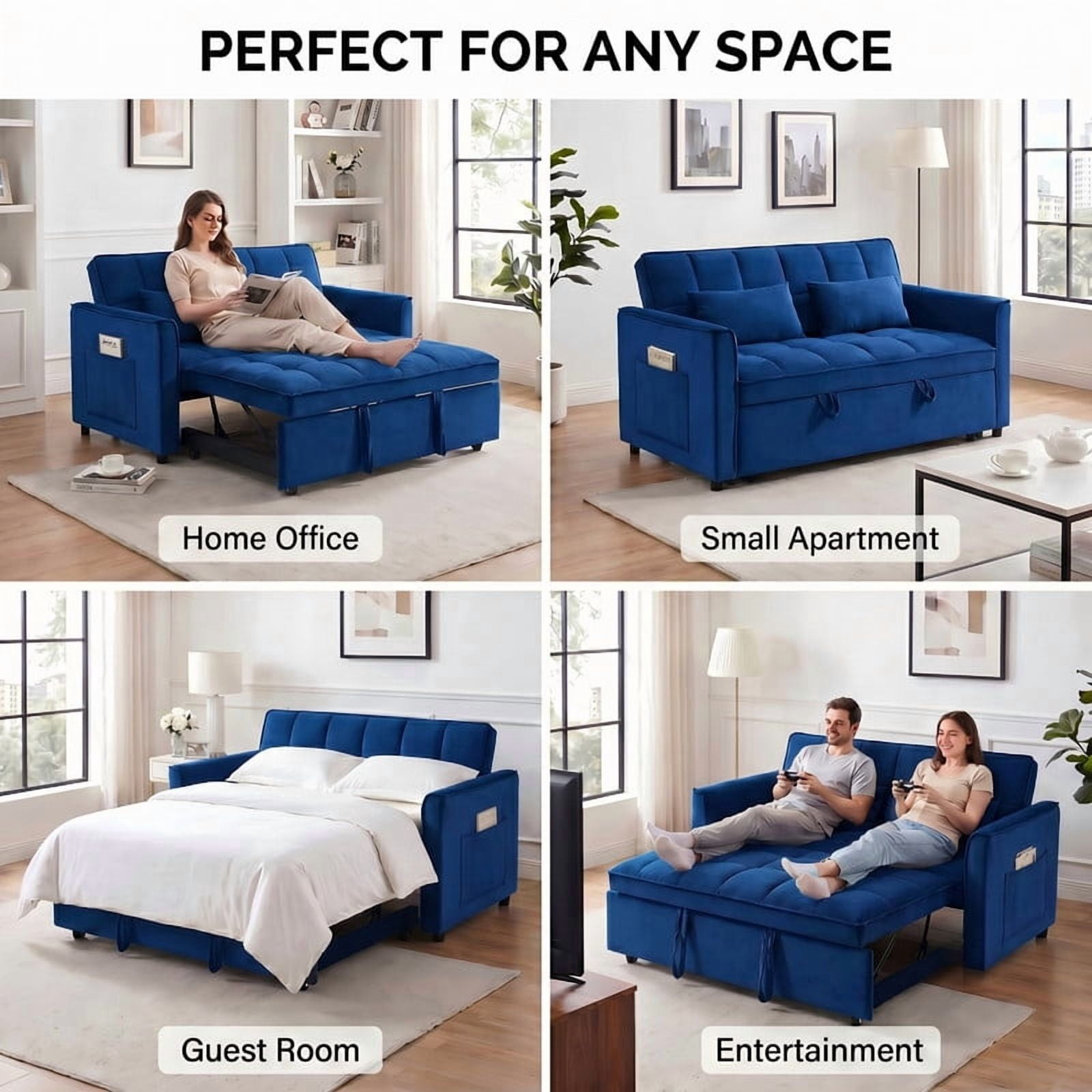 Gewnee 55" Sofa Bed, Convertible Sleeper Sofa & Pull Out Couch, 3-in-1 Velvet Loveseat with Adjustable Backrest and Storage Pocket, Blue