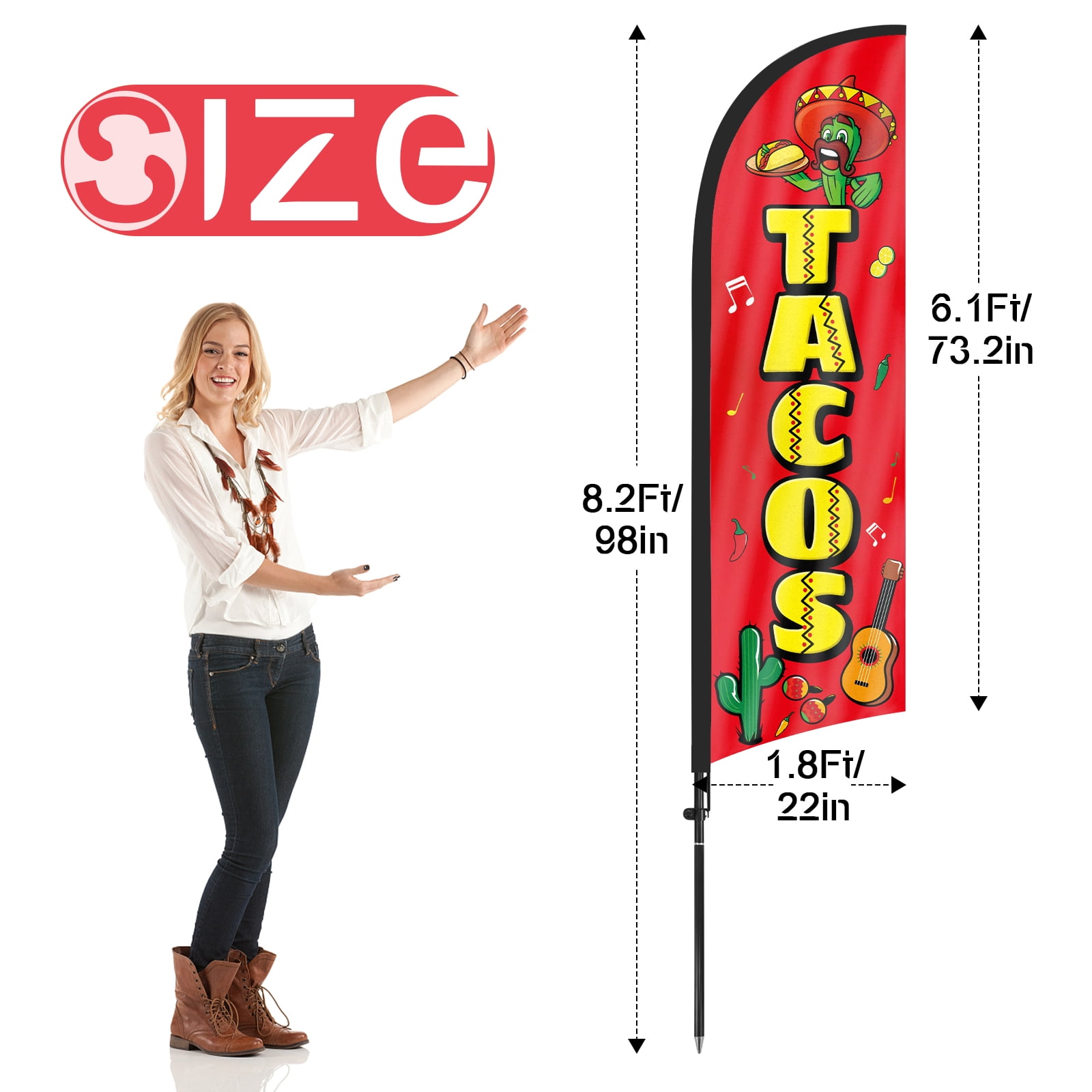 QSUM Tacos Sign Feather Flag with Pole Kit,8.2FT Tacos Decoration Display, Tacos Business Sign,Tacos Swooper Flag，Advertising Flag