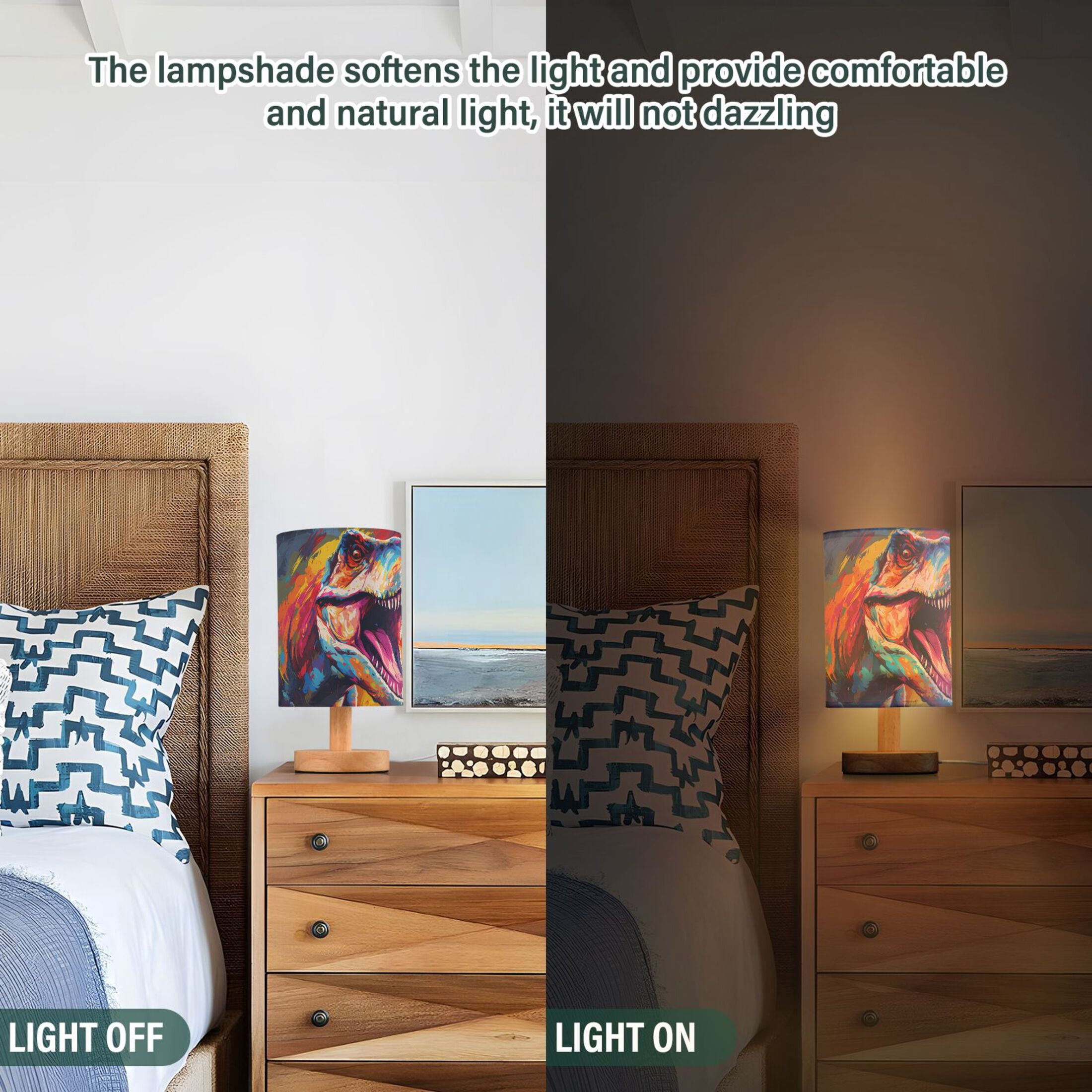 Dinosaur Head Colorful Table Lamp USB Bedside Desk Nightstand Lamp Printed Gifts Small Lamp Wood Base for Bedroom Living Room Kids Room College Dorm