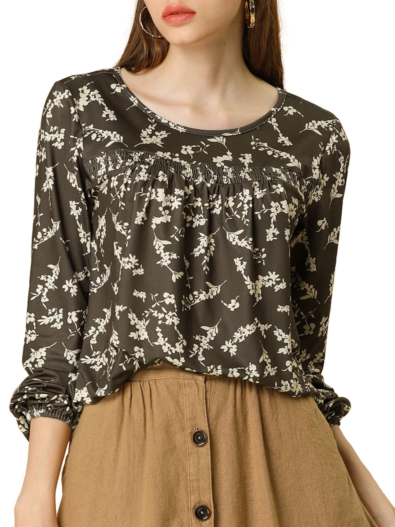 Unique Bargains Women's Long Sleeve Pleated Floral Blouse Top - Walmart.com