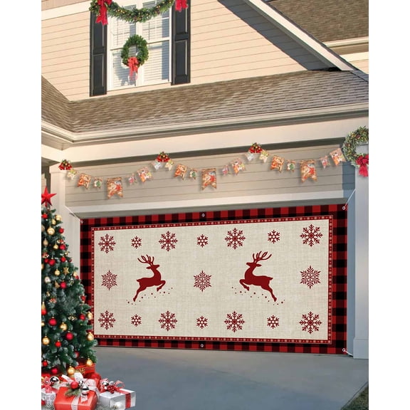 Garage Door Banner Cover 6 x 13 ft, Christmas Elk Snowflake Red Black Buffalo Plaid Christmas Garage Door Decorations Holiday Christmas Backdrop Decor for Winter New Year Xmas Party