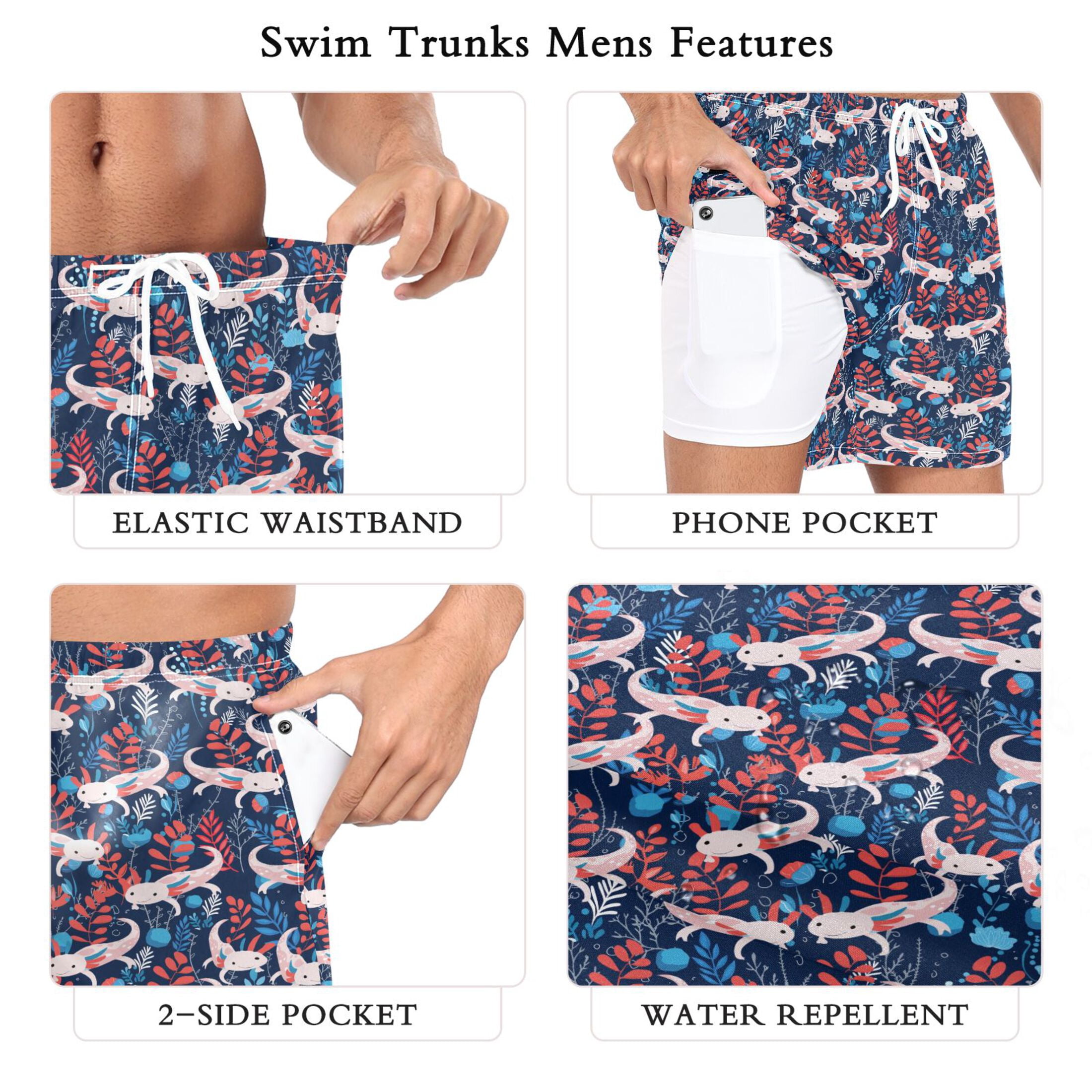 joogoo Men's Axolotl Cartoon Swim Trunks with Liner Pocket Beach Shorts XXL