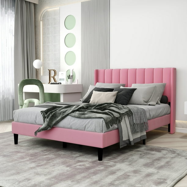 ZIRUWU Simple Full Upholstered Platform Bed Frame, Pink