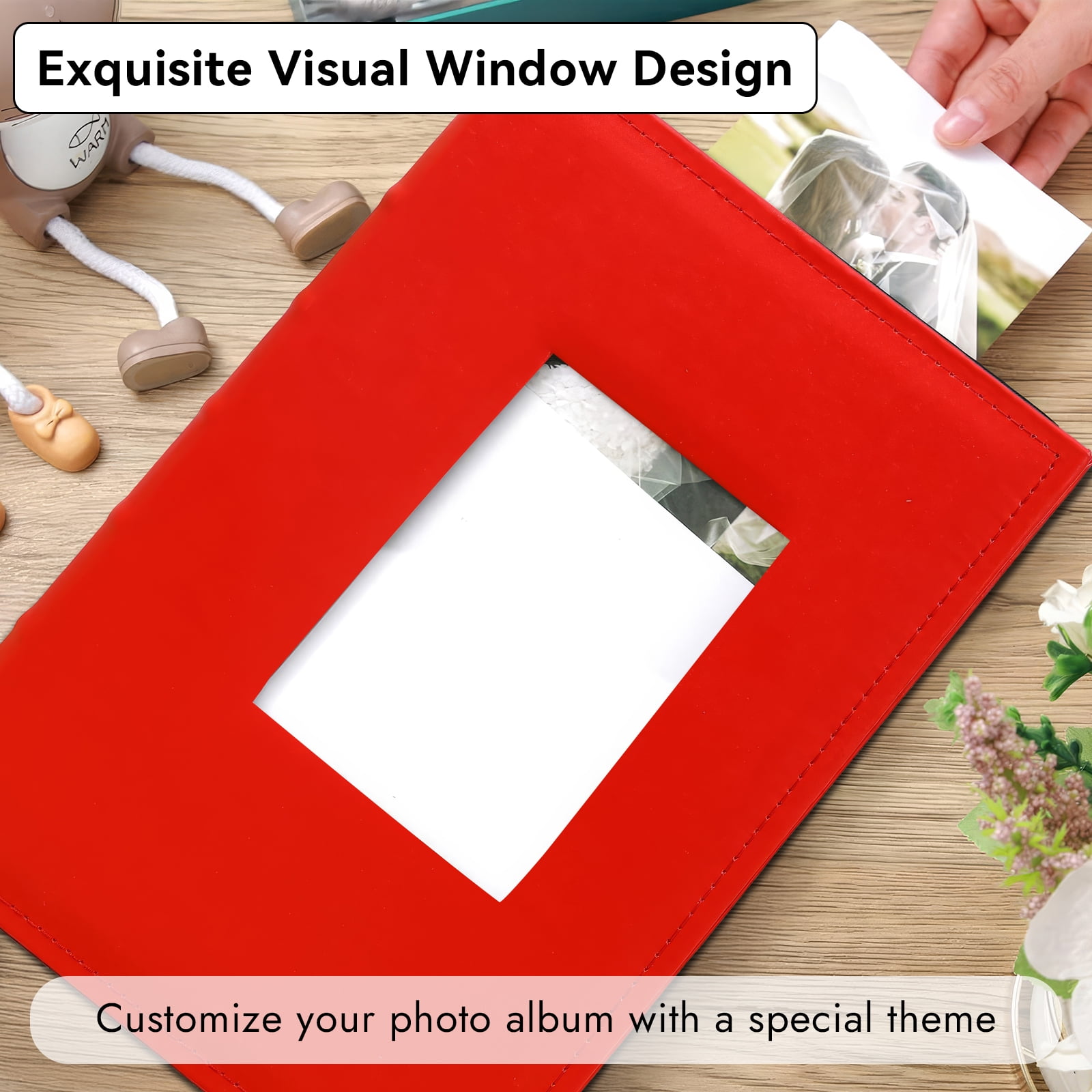 4x6 Photo Album Holds 300 Pictures, Leather Cover with Front Window, Large Capacity Slip-in Picture Albums with Horizontal Pockets for Wedding Kids Travel Anniversary Family Baby Photo Books, Red