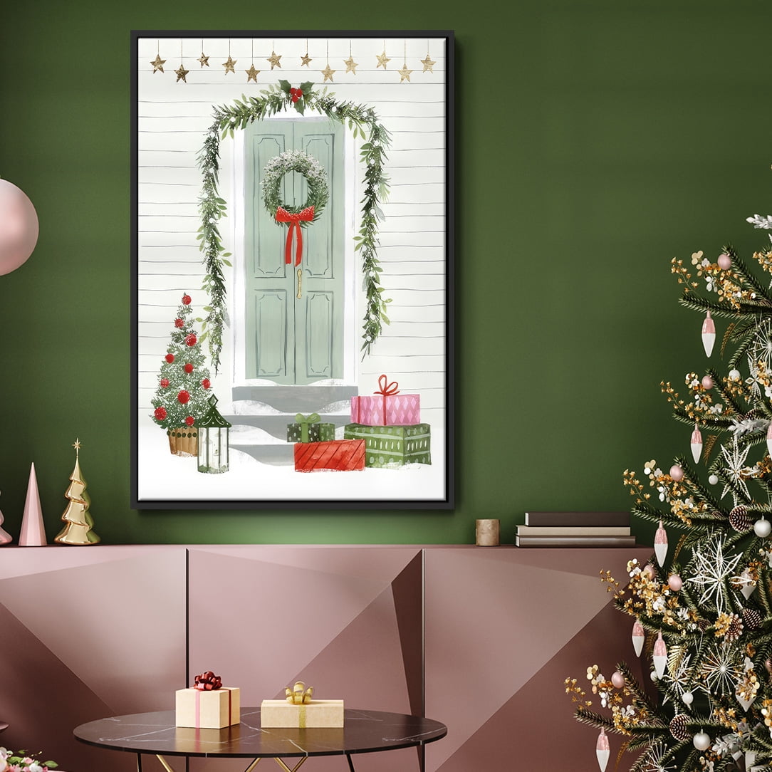Festive Front Door I - Framed Gallery Wrapped Holiday Canvas - 17 x 25 - Black Frame