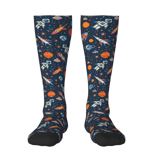 Fotbe Spaceships And Stars In Outer Space Calcetas Divertidas Estampadas para Hombre y Mujer, Calcetas de Algodón hasta la Rodilla para Caminar, Correr, Enfermería y Embarazo