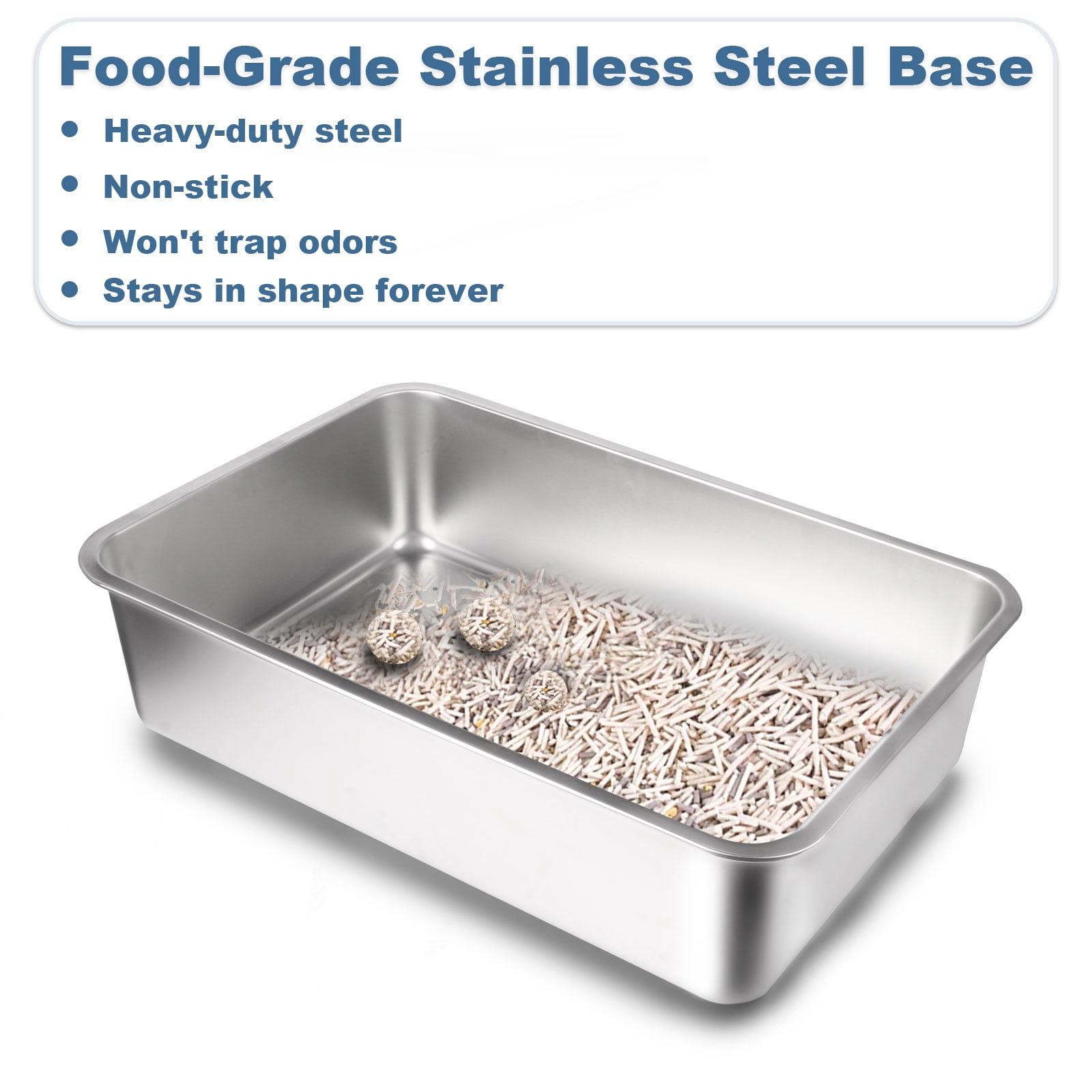 Gamexcel Extra Large 38L Stainless Steel Cat Litter Box Metal Litter Pan with Scoop and Mat Set - Odor, Stain and Rust Resistant, Easy to Clean, Gray