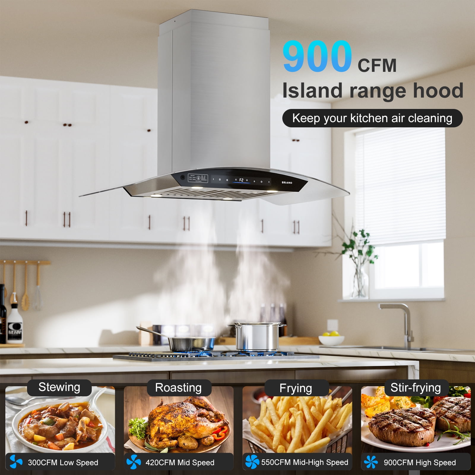​ BRANO 36inch Island Range Hood  in Stainless Steel, 900 CFM, Voice/Gesture/Touch Control