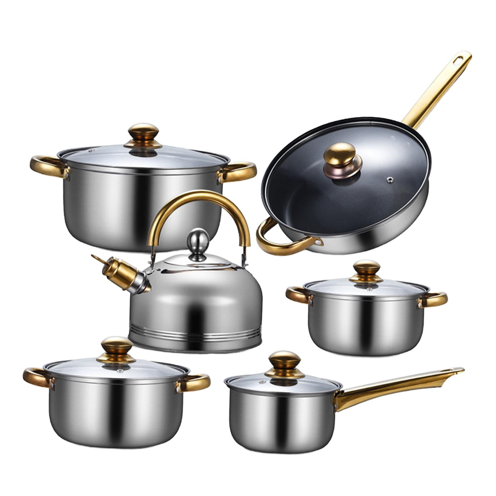 Nishiyuenyi 6x Pots and Pans Set Soup Pot with Glass Lid Nonstick Pan Cookware Set Stainless Pans with kettle
