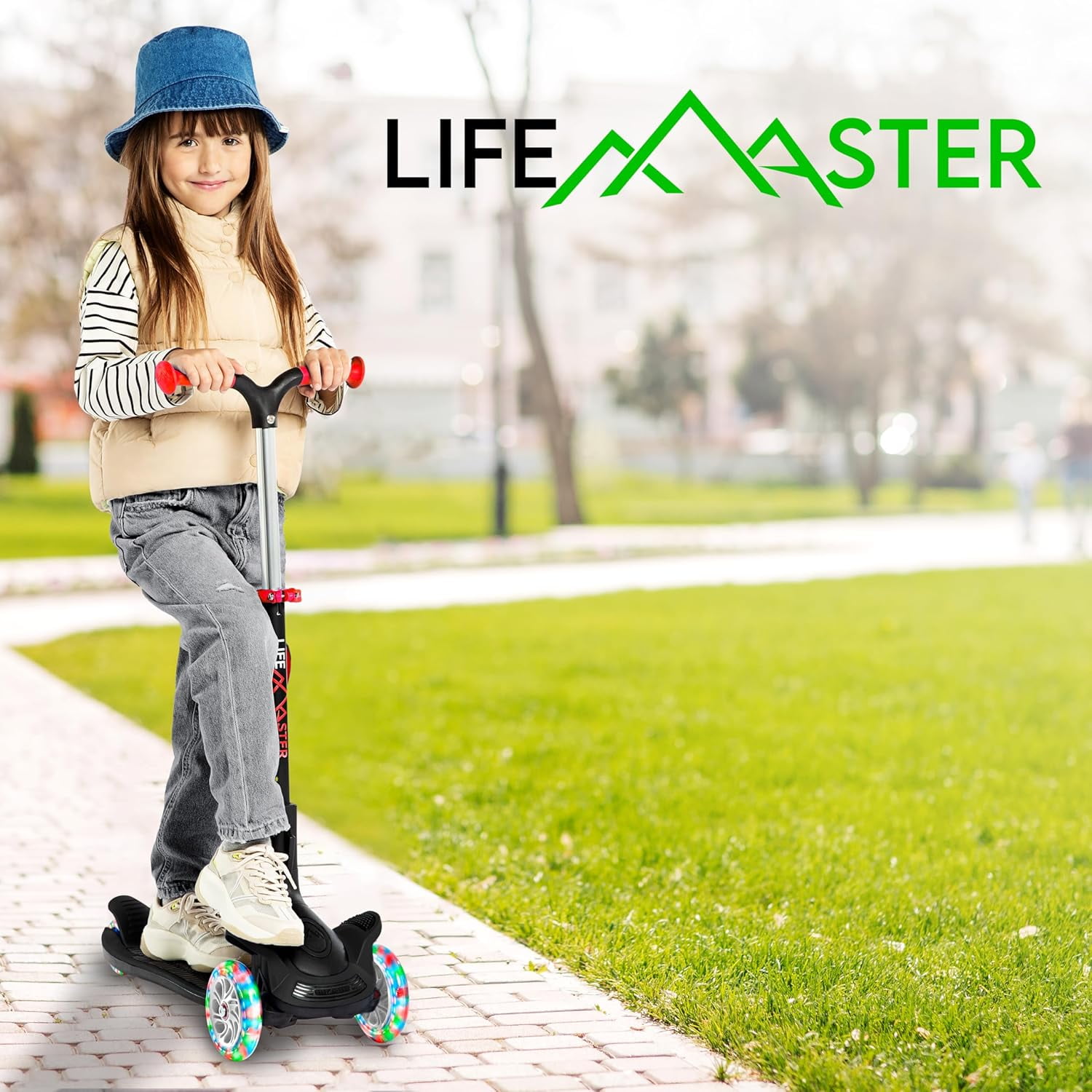 Kids Scooter – Foldable Seat – LED Wheel Lights Illuminate When Rolling – Children and Toddler 3 Wheel Kick Scooter – Adjustable Handlebar – Indoor and Outdoor- Black - by Lifemaster