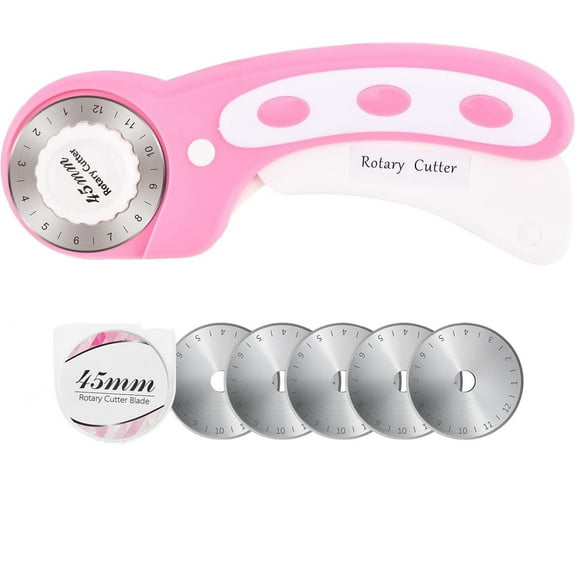 45mm Rotary Cutter with 5pcs Extra Blades, Ergonomic Handle Rolling Cutter with Safety Lock for Fabric, Leather, Crafting, Sewing, Quilting, Fabric Rotary Cutter Perfect for Left & Right Hand(Pink)