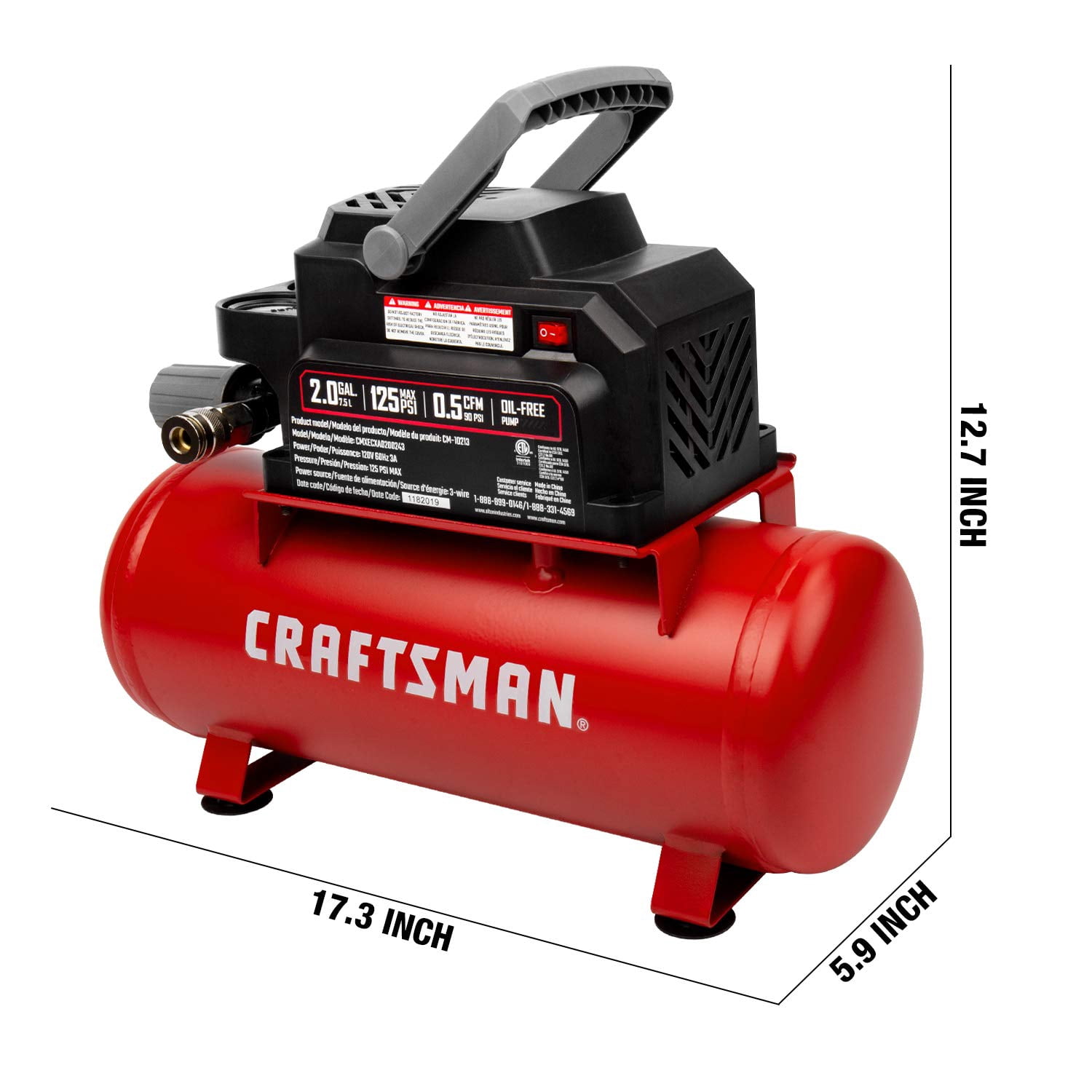 Craftsman 2 gal Horizontal Portable Air Compressor Tank 125 psi 0.3 HP