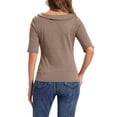 thumbnail image 3 of INSPIRAR CHIC Blusas de media manga con cuello barco de pata de gallo para mujer, color marrón, 3 of 5