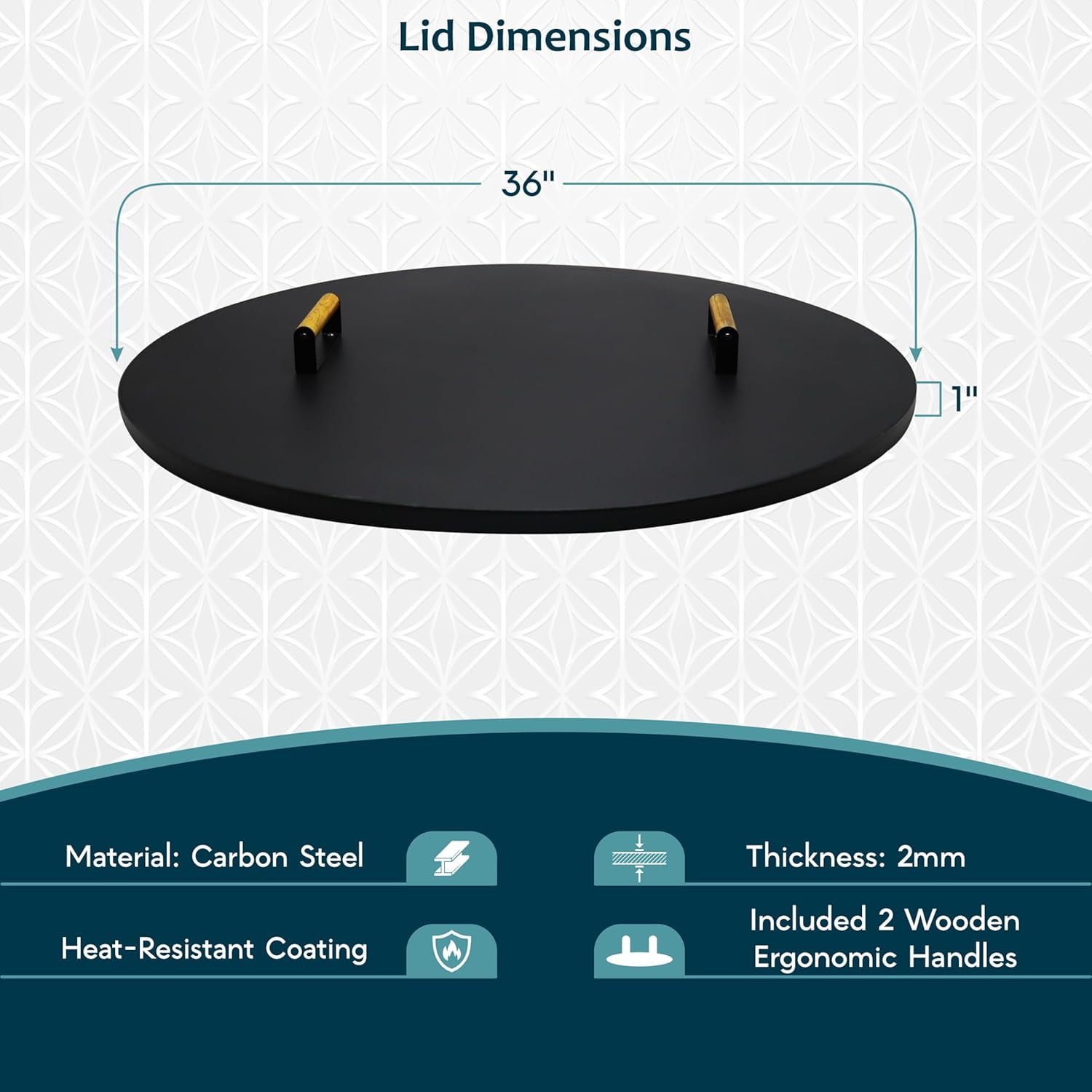 Febtech 36" Fire Pit Cover Round with Dual Wooden Handles Perfect for Fire Pit Inside Up to 34"