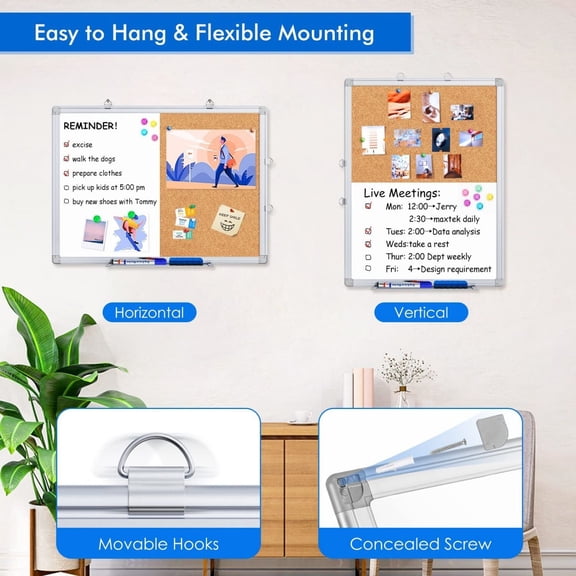 Magnetic White Board and Cork Board Combo 24" x 18" Aluminum Frame | Dry erase bulletin board, wall mounted or hanging. Dual-function surface for writing & pinning. Ideal for home, office, shool