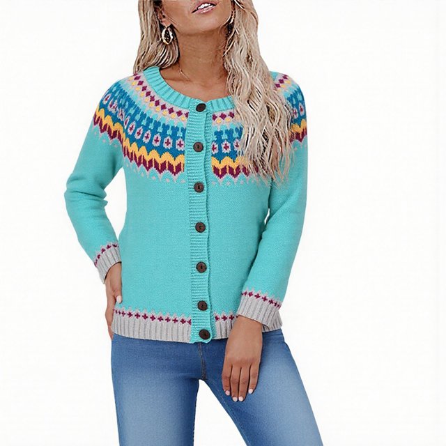 Fair Isle Sweater Cardigans Women Plus Size Vintage Ethnic Button Front Cardigan Long Sleeve Fall Knitted Boho Tops Green, S