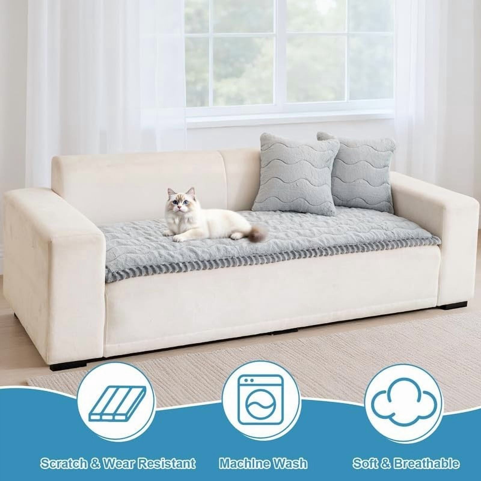 Topchances Fuzzy Couch Covers, Faux Mink Wavy Sofa Slipcover Mat for Pets,  Anti-Slip Furniture Protector Pet Bed Mat for Dogs Cats (Light Gray, 28''x59'')
