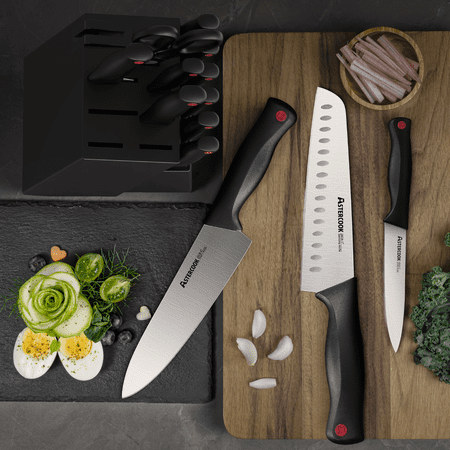 Astercook 15-Piece Kitchen Knife Set, Knives Block Set with Built-in Sharpener, Healthy Anti-Rust Coating & German Stainless Steel Knife Set, Dishwasher Safe Black