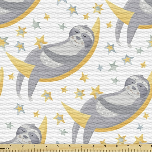 Ambesonne Dream Fabric by the Yard Upholstery, Sloth Animals on Moon Art, 10 Yards, Pale Orange Grey and White