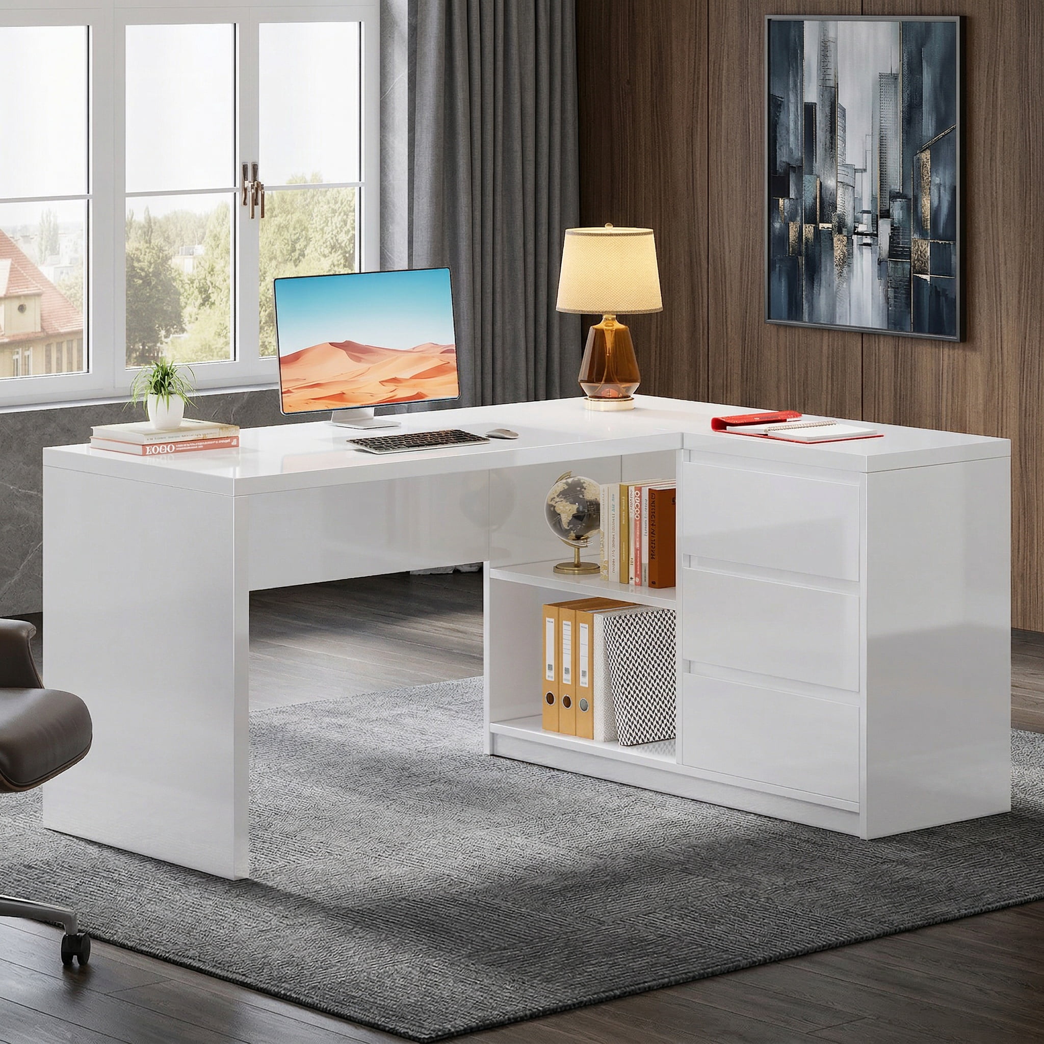 Fnova 55" L-Shaped Large Executive Desk with LED Lights & 3 Drawers, Modern Gloss Home Office Computer Desk 2 Storage Shelves, White