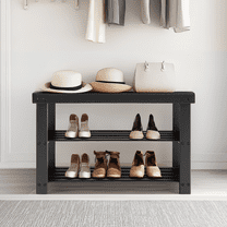 MAYEERTY 3-Tier Bamboo Shoe Rack Bench, Shoe Storage Rack Organizer for Entryway Hallway Closet Living Room Bathroom, Black