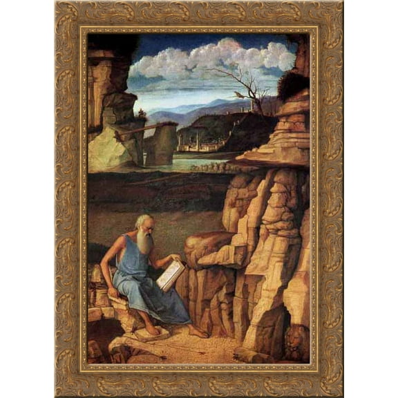 St Jerome Reading in the Countryside 20x24 Gold Ornate Wood Framed Canvas Art by Bellini, Giovanni