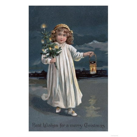 Best Wishes for a Merry Christmas - Girl Holding Tree and Lantern Print Wall Art By Lantern