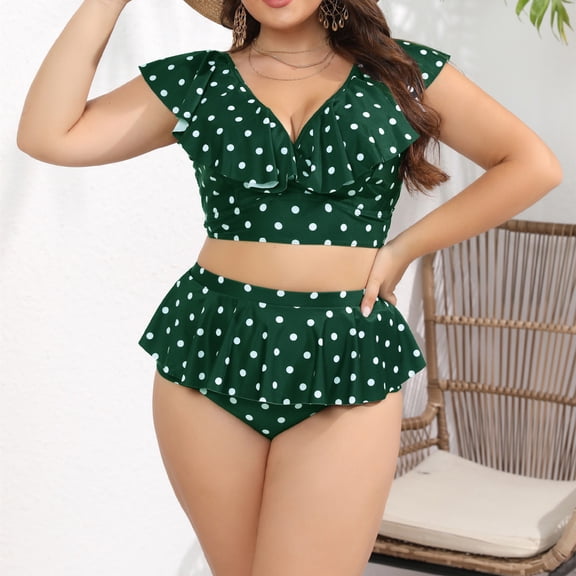 TaTaai 2026 New Women's Plus Size Polka Dot Bikini Set V Neck Ruffle Two Piece Swimwear Oversized Slimming Bathing Suit for Summer Pool Party Gift