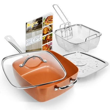 5 Pan Boilerless Convection Steamer - SHINEURI 5 Pcs Nonstick Ceramic Copper Deep Square Pan Cookware Set, 9.5 Inch Nonstick Copper Pan with Glass Lid, Frying Basket, Steamer Roast Rack and Recipe Book
