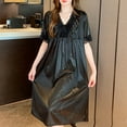 thumbnail image 2 of Risckoth Women's V Neck Sleep Dress Lace Trim Bow Detail Gathered Bodice Short Sleeve Silky Ice Silk Nightgown, 2 of 2