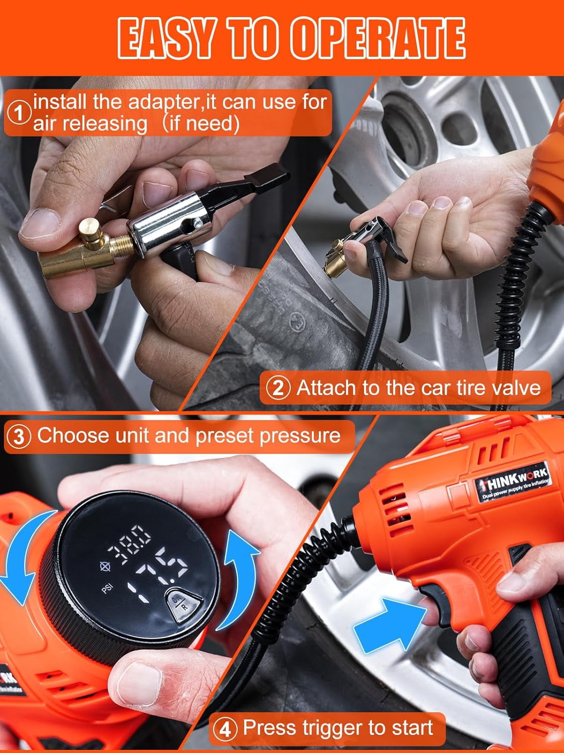 Thinkwork Cordless 20V Rechargeable, 150 PSI Tire Inflator - Orange