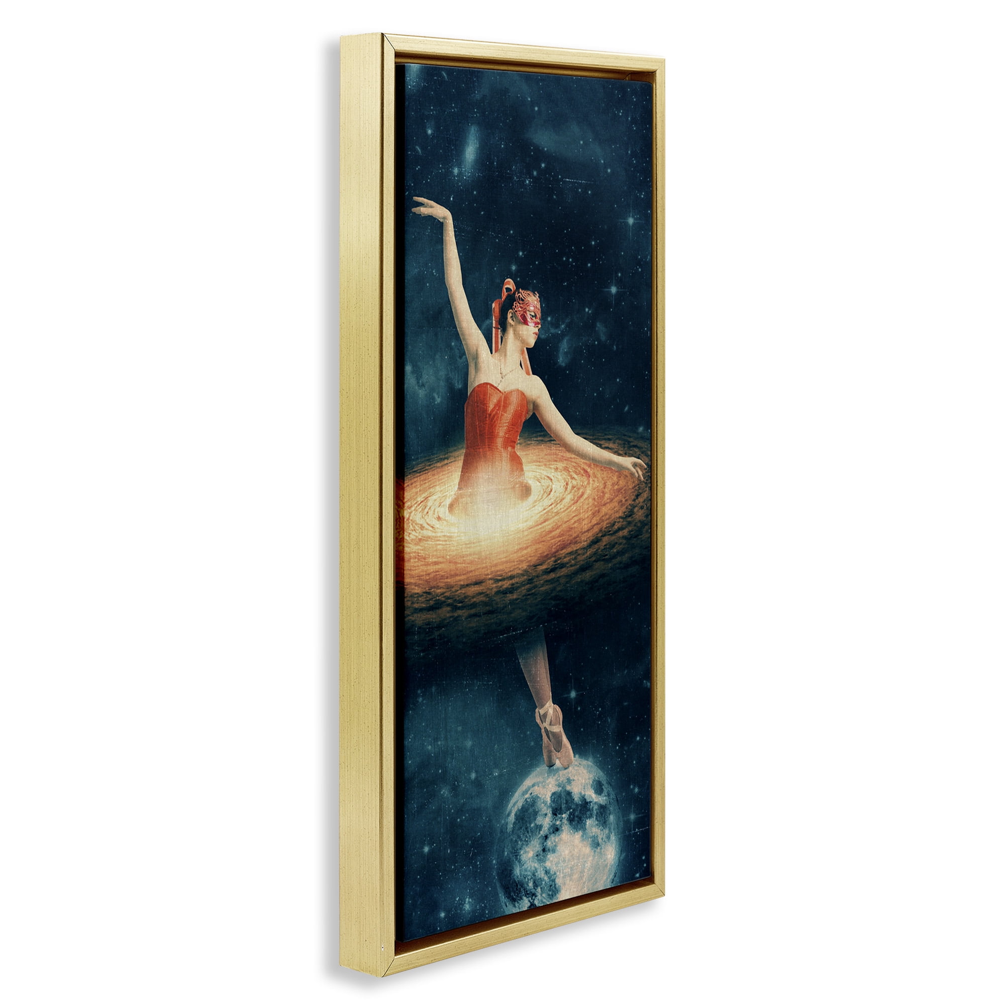 Stupell Industries Dancing Ballerina Surreal Nebula Dress Abstract Painting Gold Floater Framed Canvas Art Print Wall Art, 11 x 25