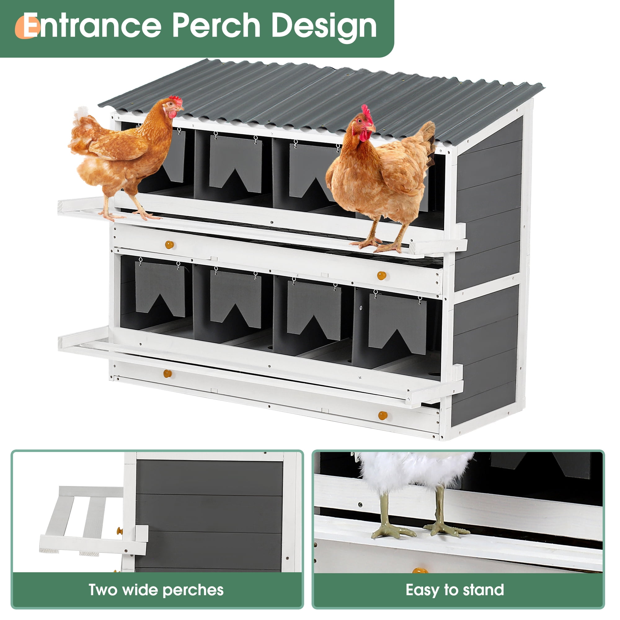 Wooden Chicken Nesting Box, 8 Compartments Egg Laying Boxes for Hens, Ducks and Poultry with Rollout Eggs Collection, PVC Roofing and Foldable Perches, 47"Lx26.4"Wx35.4"H