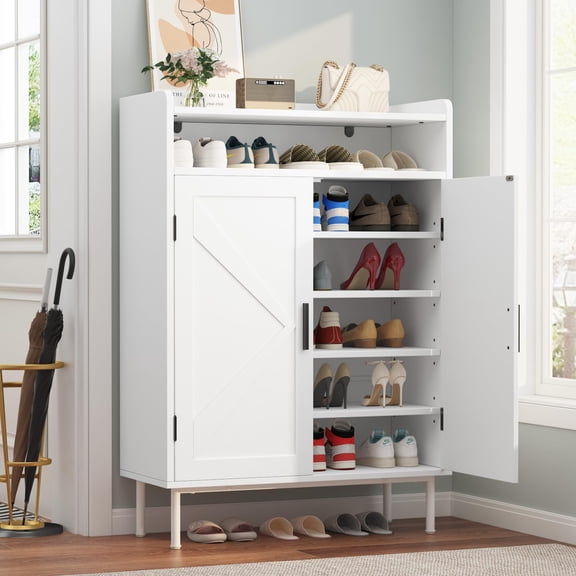 White 6-Tier Shoe Storage Cabinet for Entryway – Farmhouse Organizer with V-Shaped Molding Doors, 4 Adjustable Shelves, Sturdy Metal Legs – Color: White