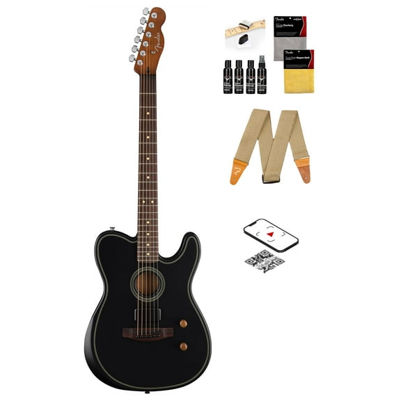 Fender Acoustasonic Standard Telecaster - Black Bundle with Strap, Guitar Cleaning Kit and Austin Bazaar Instructional Video
