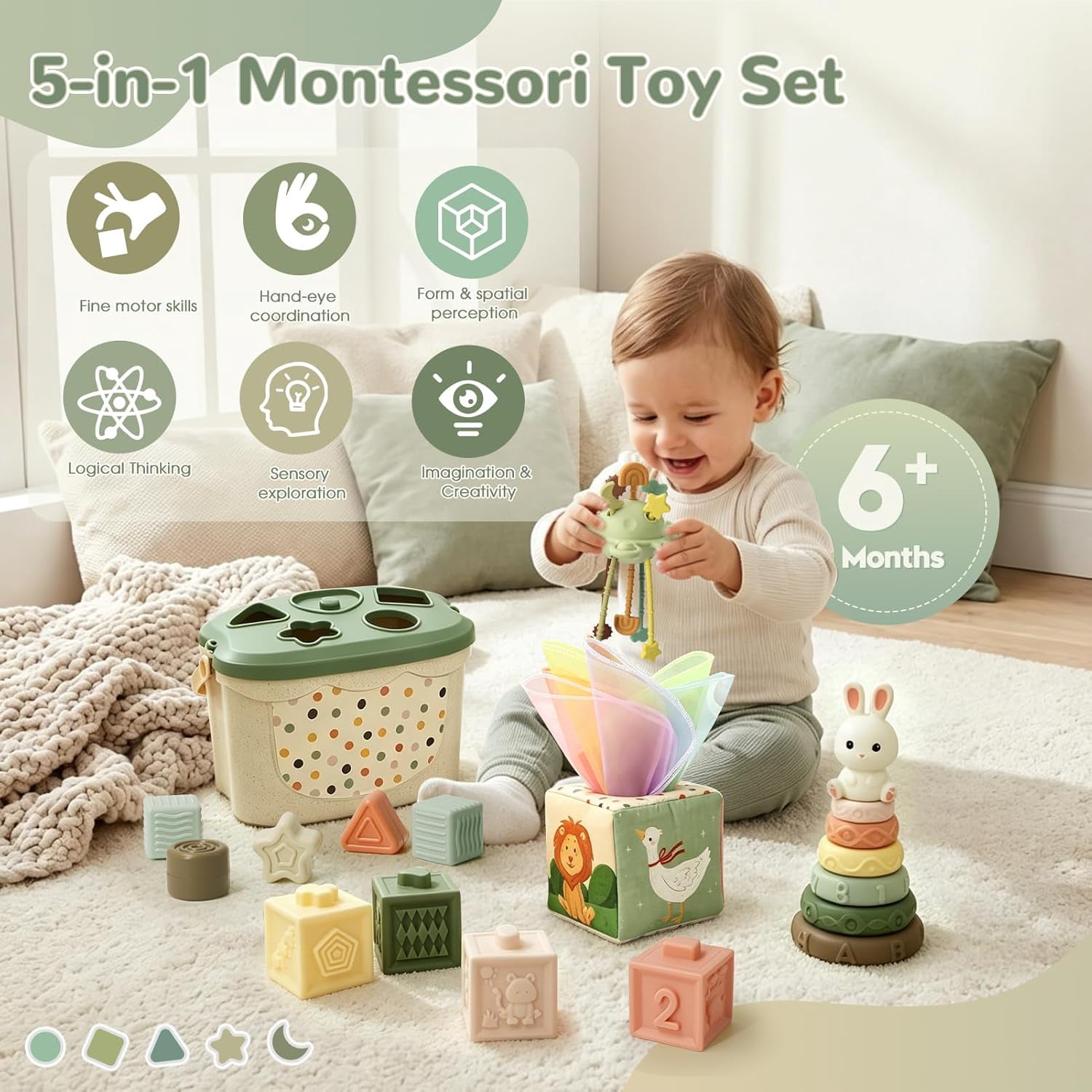 Montessori Toys for Babies 6-12 Months, Shape Sorter Toys, Baby Blocks, Tissu Toys Gift for 6-36 Months Girls Boys