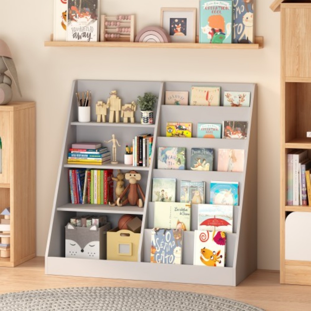 Kids Bookshelf and Toy Storage Organizer, Wooden Kids Bookcase with Multi-Level Shelves & Toy Storage, Children's Book Display Stand for Playroom, Nursery & Kids Room, Gray