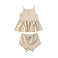 thumbnail image 1 of Infant Baby Girl Summer Clothes Knitted Suspender Dress Ruffle Tops Shorts Pants Solid Outfits Set Beige, 6-12M, 1 of 2