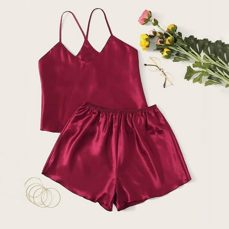 

Pxiakgy lingerie for women Women -Lingerie Sleepwear Satin Silk Lace Up Nightwear Pajamas Set Red + L