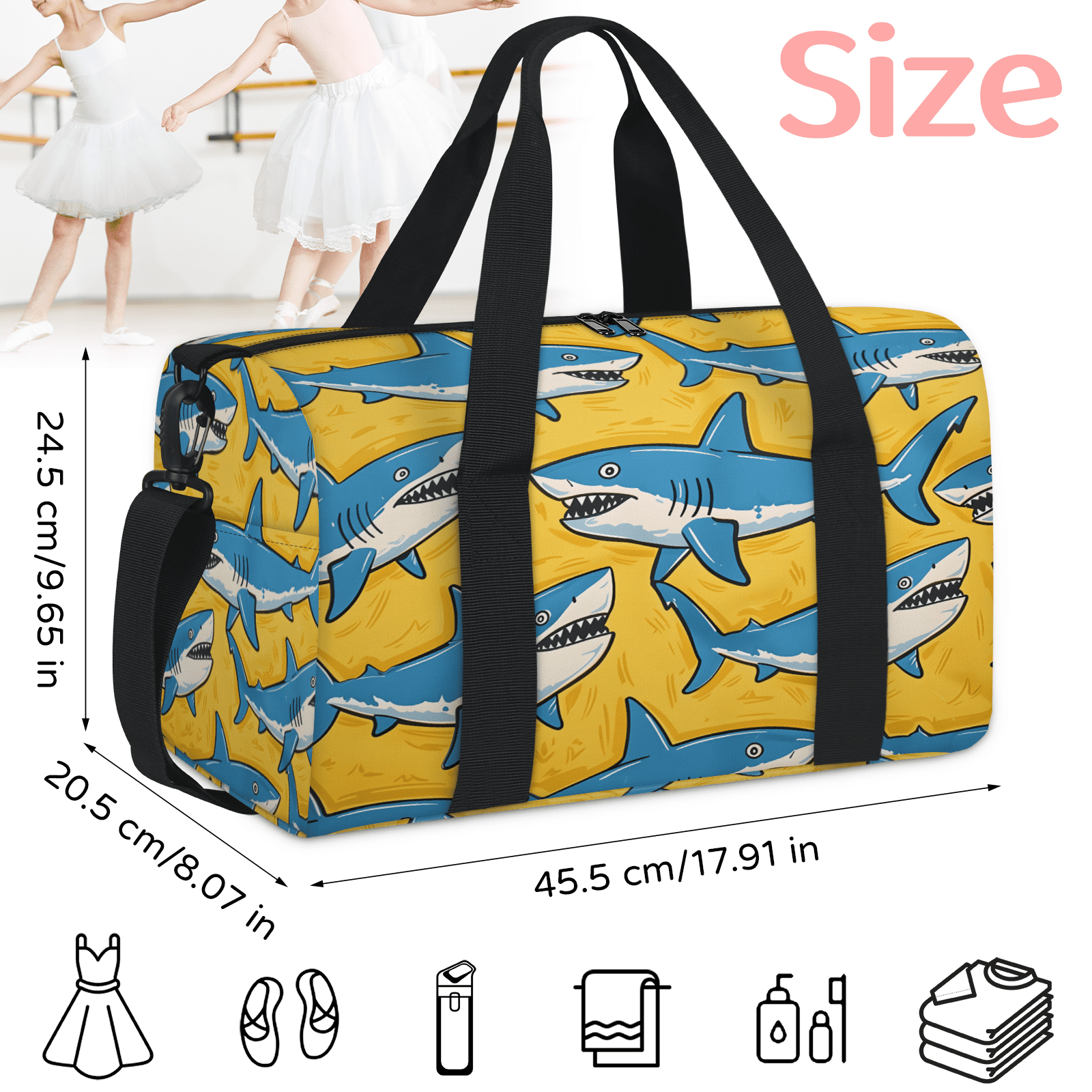 Herdesigns Nautical Shark Gym Bag for Women, Duffle Bag for Travel Sport, Sea Animal Lightweight Waterproof Carry on Weekender Dance Yoga Workout Bags