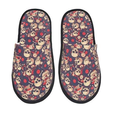

Fuzoiu Skull rock music record Print Unisex Furry Slippers Plush Indoor Shoes Trendy House Slippers Anti-Skid EVA Sole House Shoes for Home Office and Travel -Medium