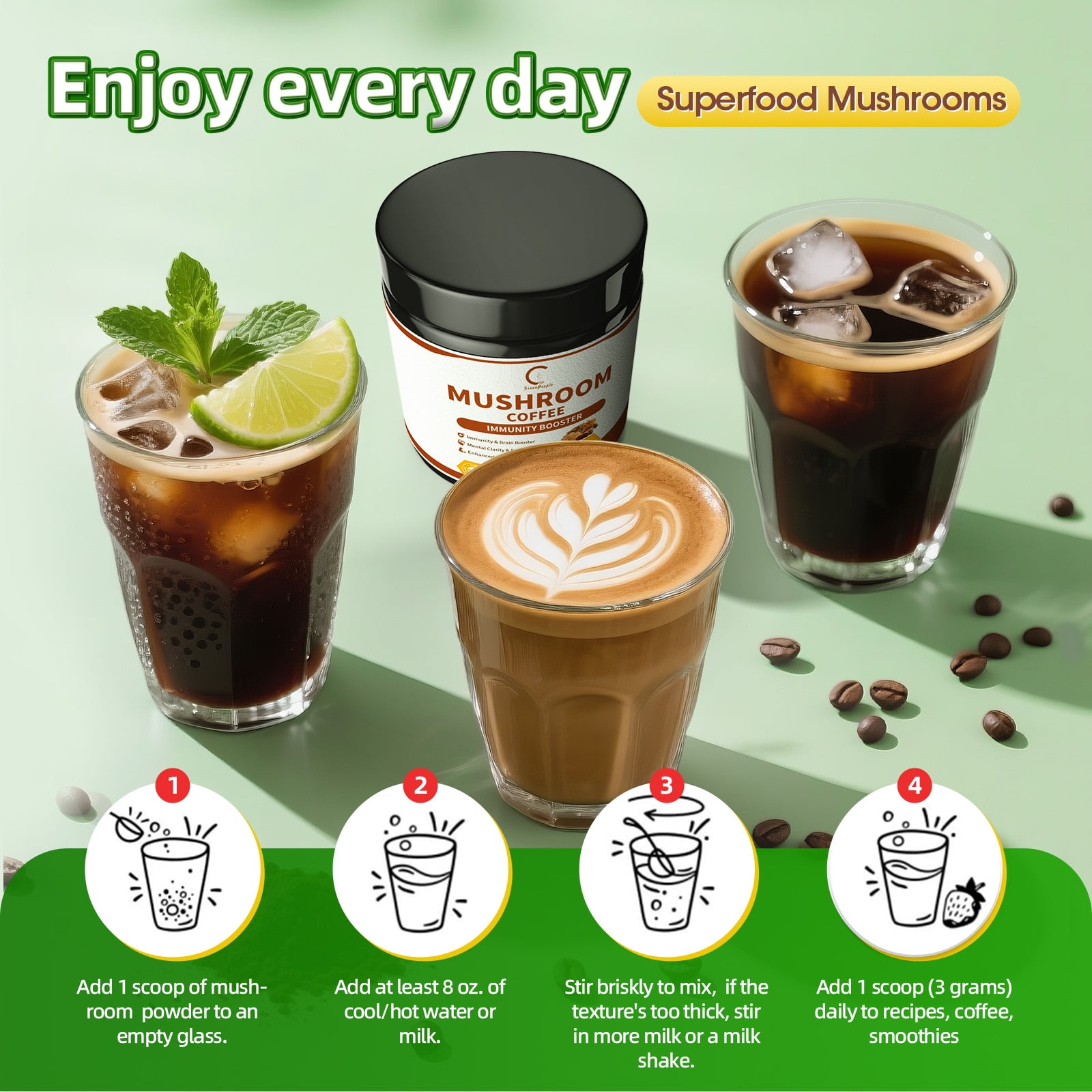 Mushroom Coffee Powder, Organic Instant Coffee, Mushroom Blend Complex Supplement for Focus & Memory,Brain, 2.5Oz(70g)