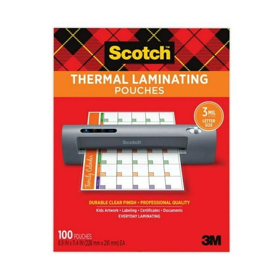 Scotch Laminating Pouches, 3 mil, 9" x 11.5", Gloss Clear, 100/Pack, Each